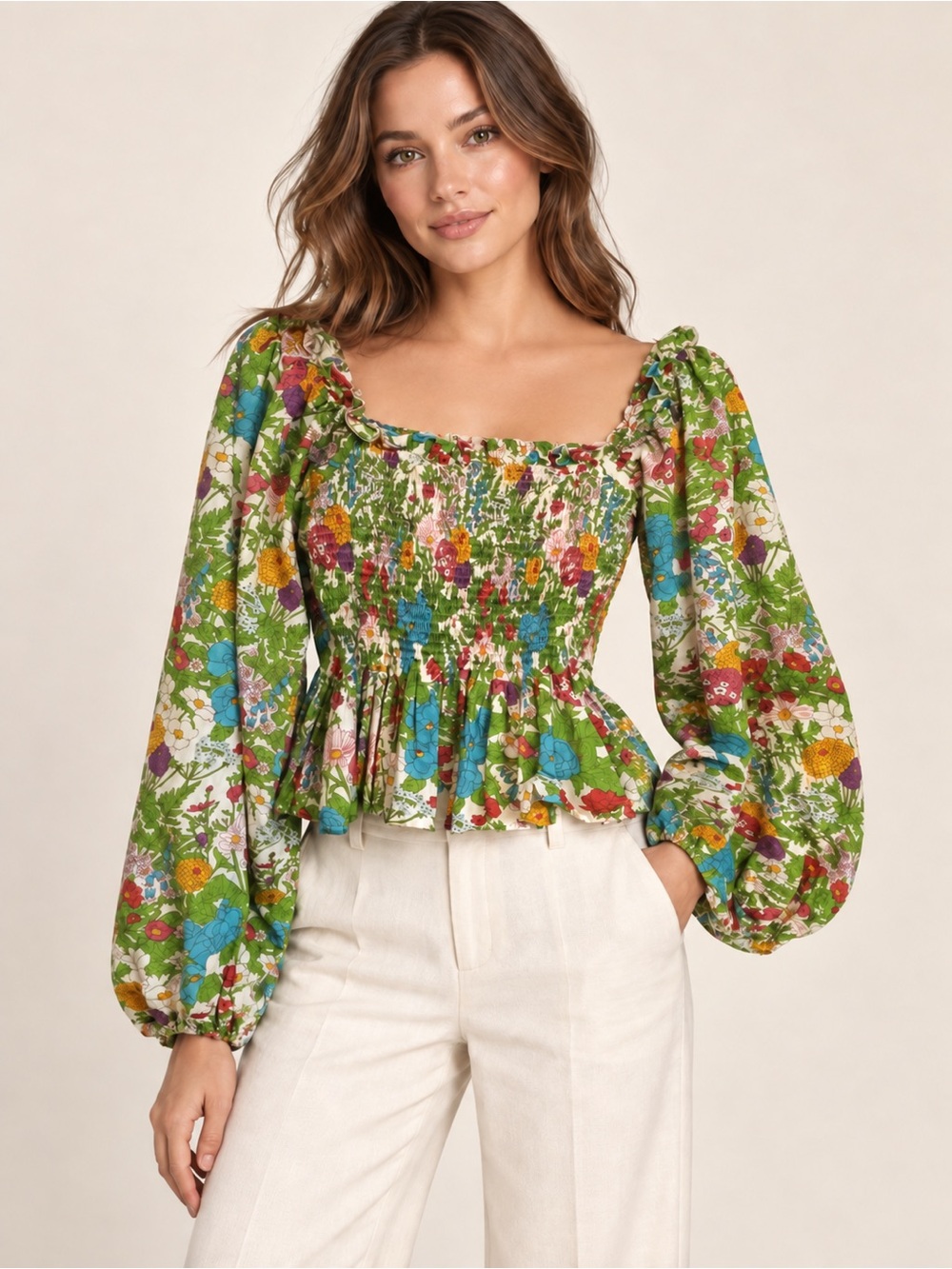 Tuckernuck MILLE Floral Smocked Blouse Ruffle Hem SZ L